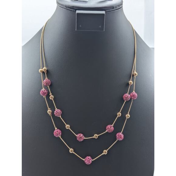 Two Strand Gold Tone Pink Razzle Dazzle Disco Ball Bead 18"-21" Necklace - Picture 8 of 8
